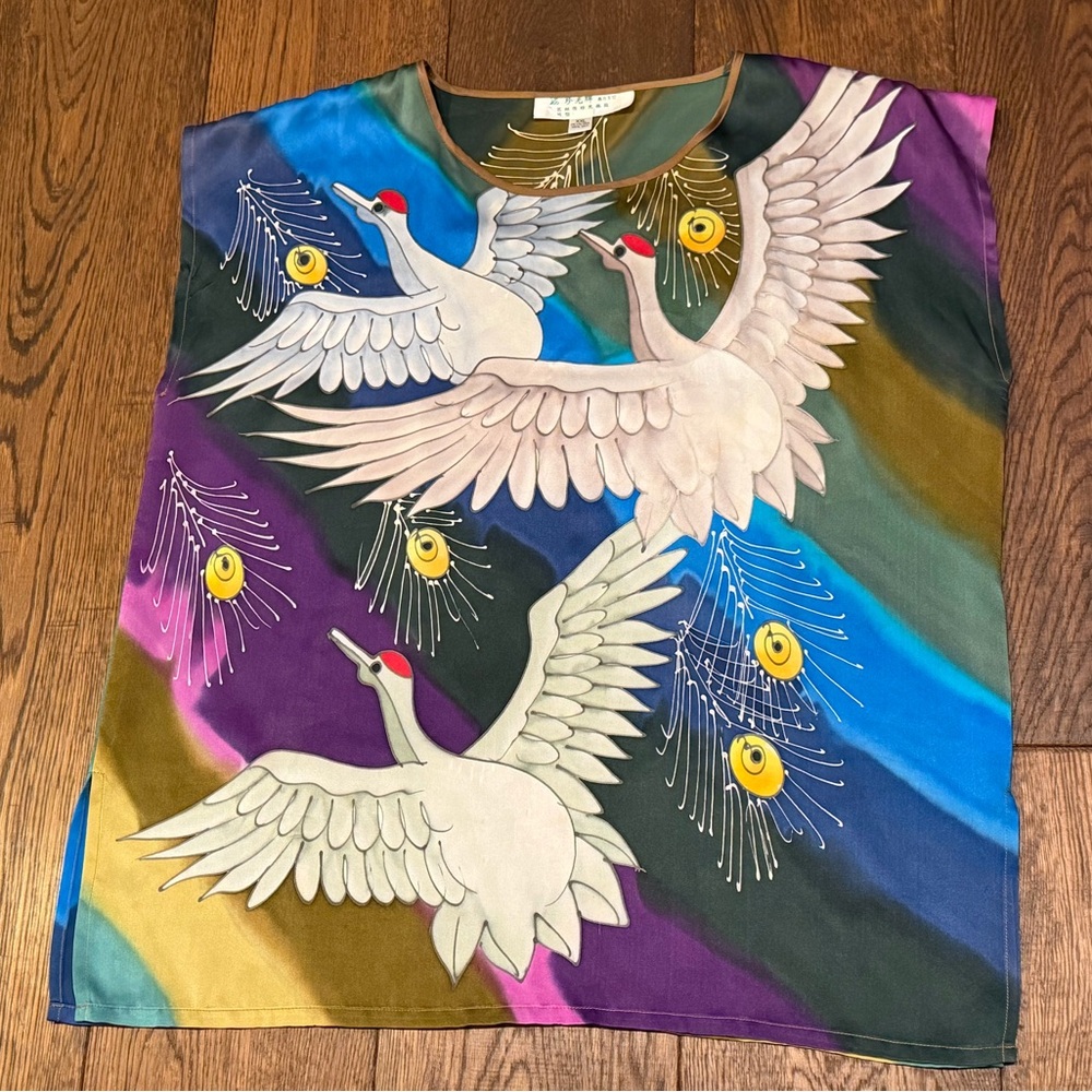 Vintage Chinese Silk Tank Top / Blouse Flying Cranes Print – 100% Silk – XXL